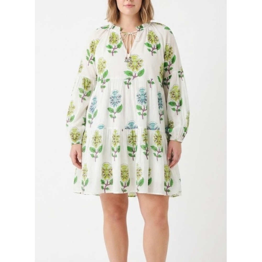 Oliphant Tiered Mini Dress Small Green Floral Boho Cottagecore Cotton Vacation
